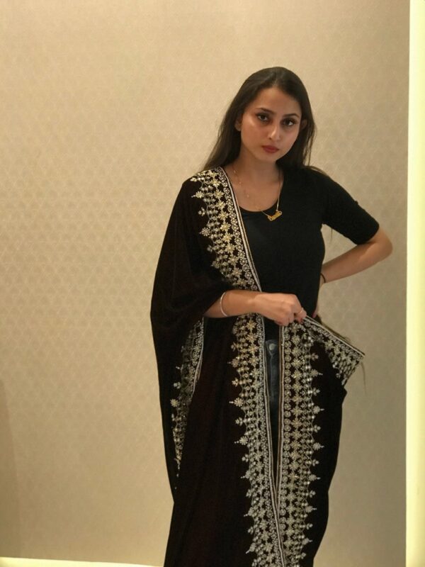 Wine Velvet Orni with Hand Cut Dana and Pearl Work shawl