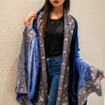 Ombre Blue Gloss Velvet Orni with Puff Tilla Work