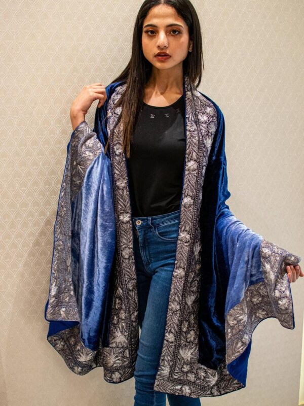 Ombre Blue Silk Velvet Orni with Puff Tilla Work