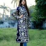Navy Blue Kashmiri Overcoat with Floral Pattern Embroidery