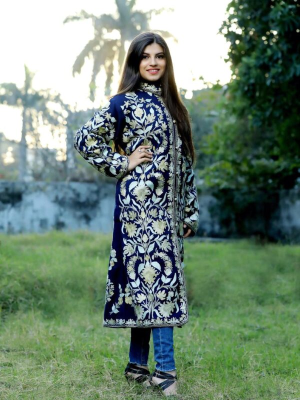 Navy Blue Kashmiri Overcoat with Floral Pattern Embroidery