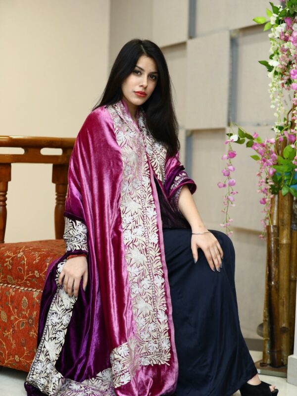 Silk Velvet Ombre Cape Shawl with Tilla Work: Onion and Purple