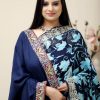 Navy Blue Kashmiri Saree with Turquoise Chinar Jaal Close up