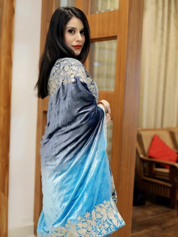 Silk Velvet Ombre Cape with Gold Tilla Work: Turquoise and Grey close up