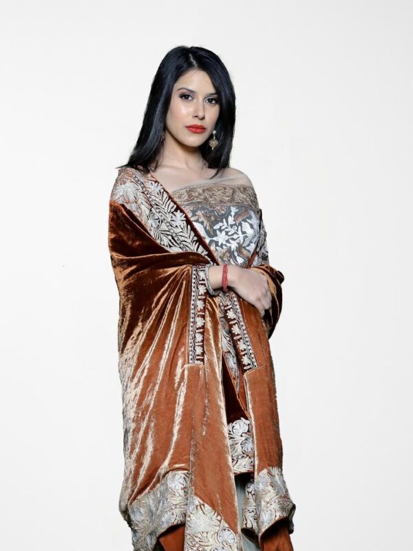 Silk Velvet Brown Ombre Cape with Kashmiri Tilla Work close up