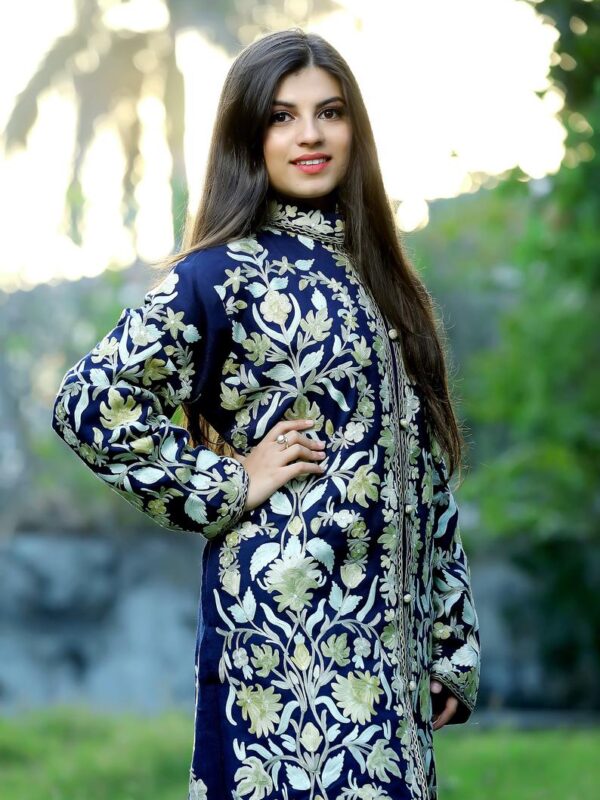 Navy Blue Kashmiri Overcoat with Floral Pattern Embroidery close up