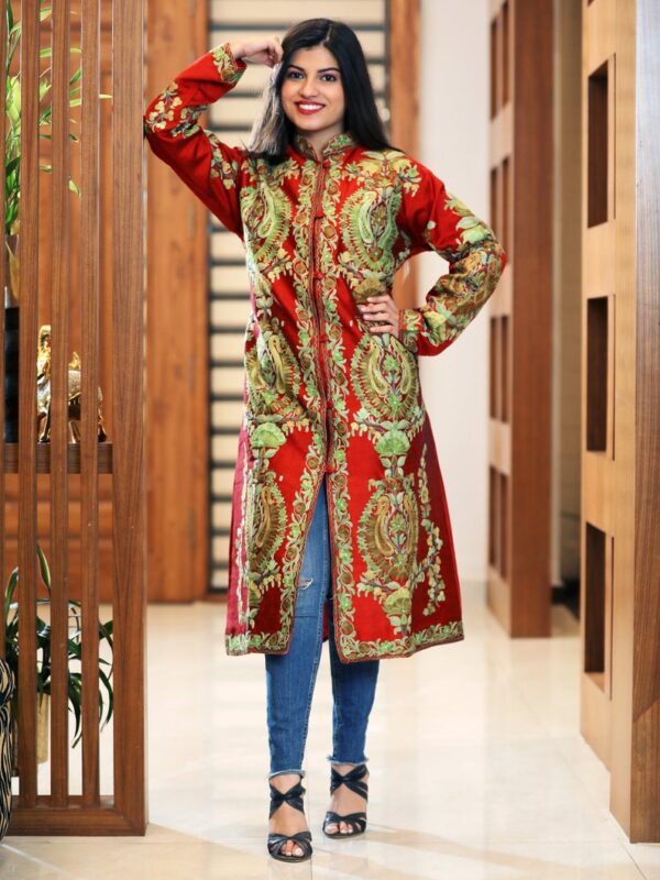 Red Kashmiri Overcoat with Paisley Pattern Embroidery front