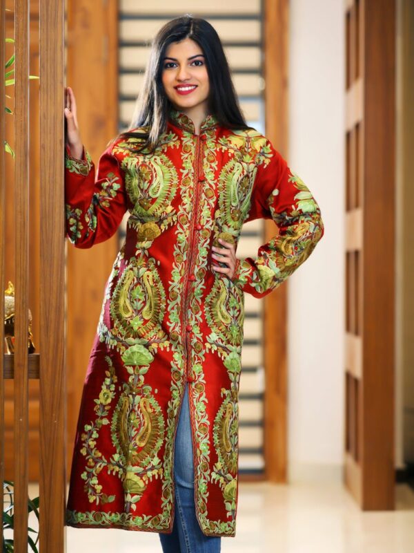 Red Kashmiri Overcoat with Paisley Pattern Embroidery front close