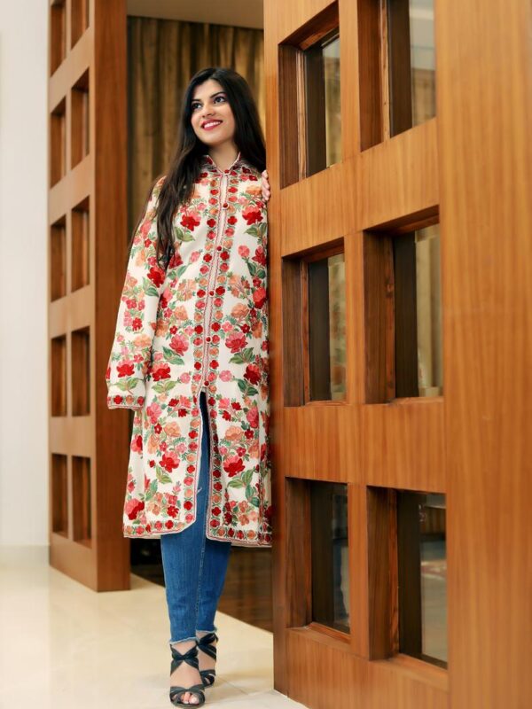 White Kashmiri Overcoat with Floral Pattern Embroidery front side