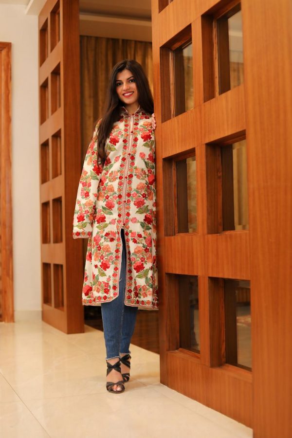 White Kashmiri Overcoat with Floral Embroidery | Angad Creations