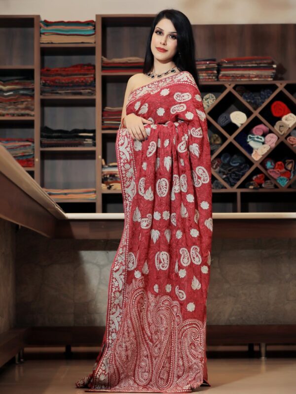 Red Georgette Self Aari and Tilla Work Kashmiri Saree palla