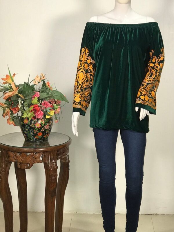 Bottle Green Off Shoulder Blouse with Orange Embroidered Sleeves