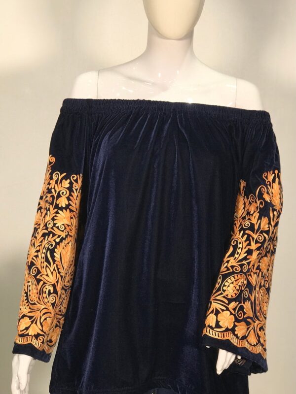 Navy Blue Off Shoulder Top with Orange Embroidered Sleeves close up