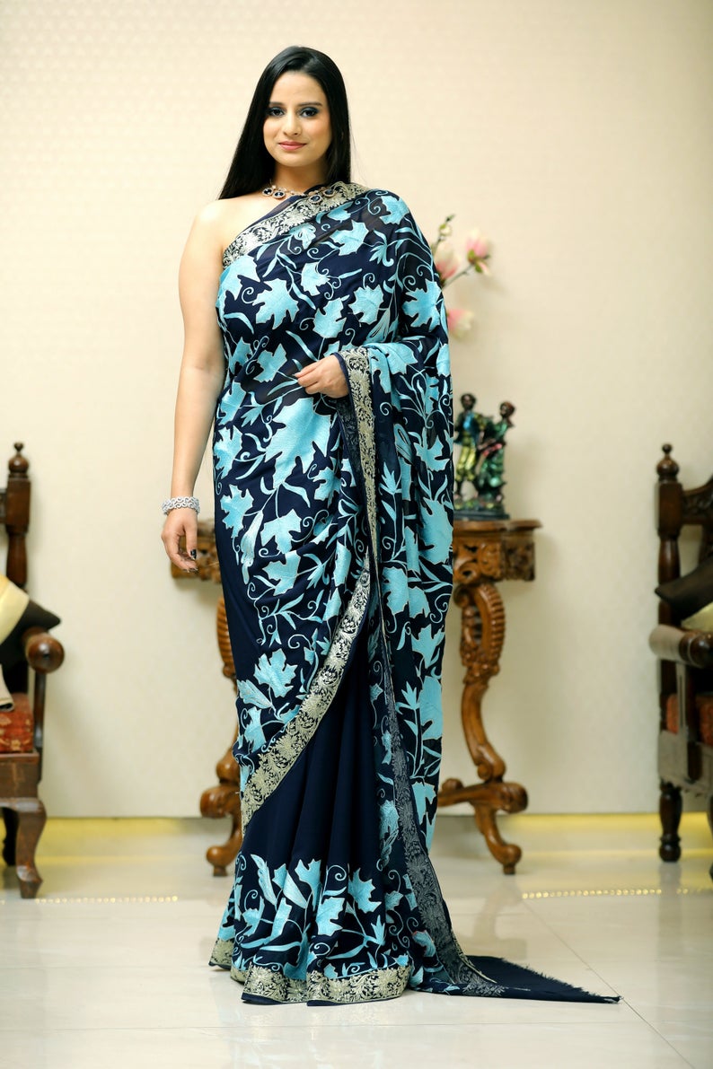 Navy Blue Kashmiri Saree with Turquoise Chinar Jaal