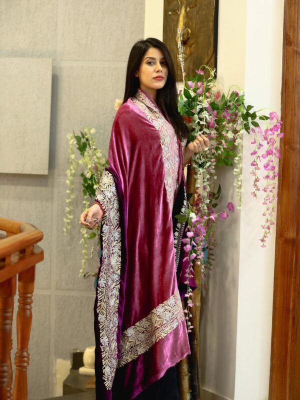 Silk Velvet Ombre Cape Shawl with Tilla Work: Onion and Purple side