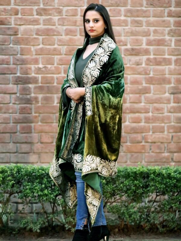 Silk Velvet Ombre Cape with Tilla Work: Lemon Ginger and Bottle Green