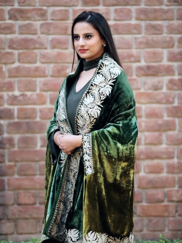 Silk Velvet Ombre Cape with Tilla Work: Lemon Ginger and Bottle Green Close up