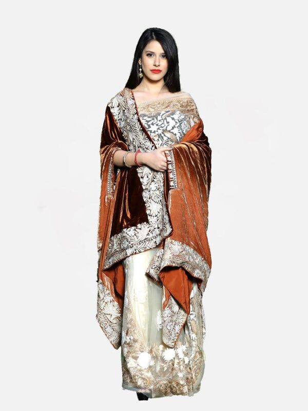 Silk Velvet Brown Ombre Cape with Kashmiri Tilla Work