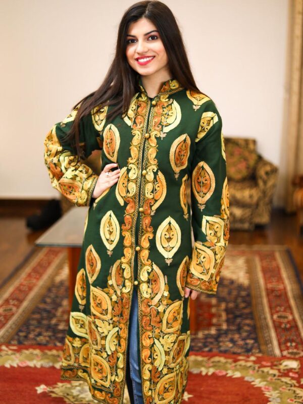 Green Kashmiri Overcoat with Paisley Boteh Embroidery front close side