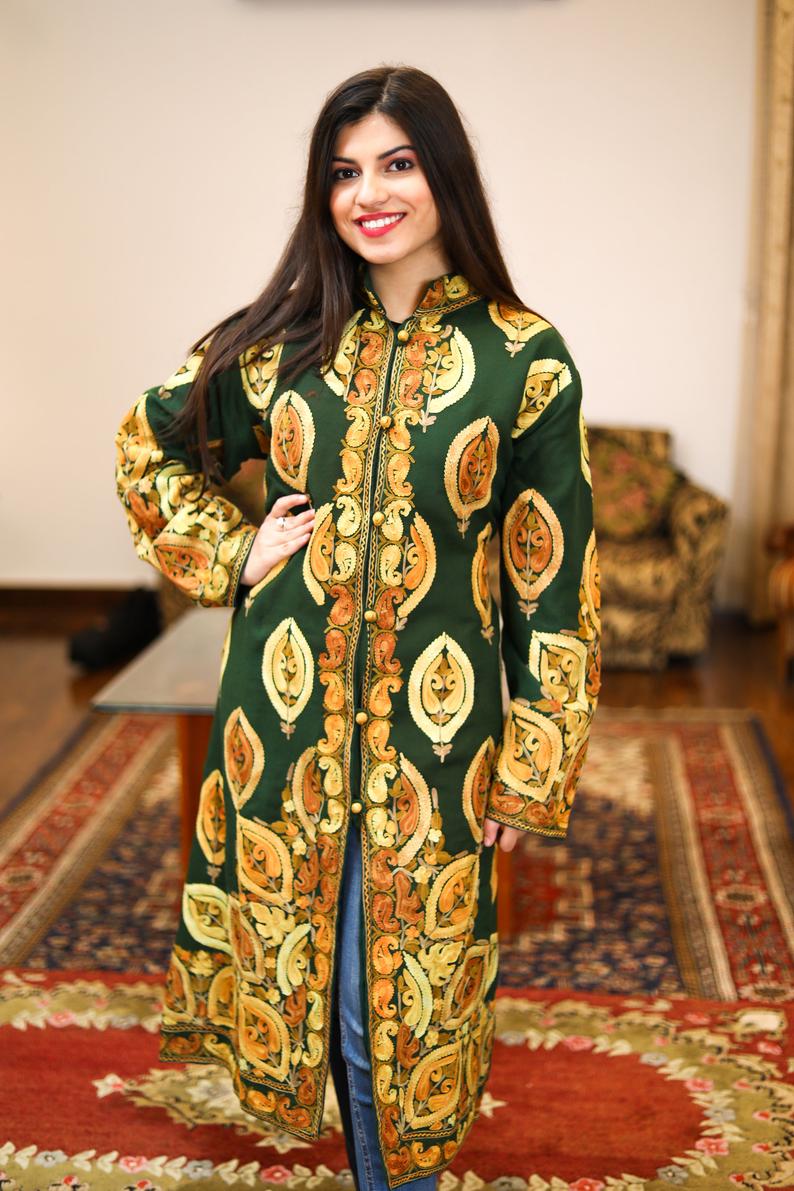 Green Kashmiri Overcoat with Paisley Boteh Embroidery front close side