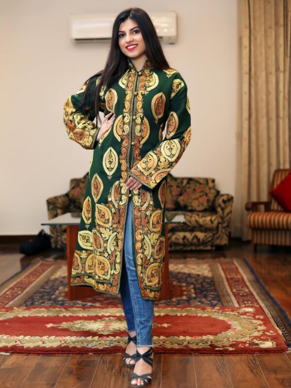 Green Kashmiri Overcoat with Paisley Boteh Embroidery front side
