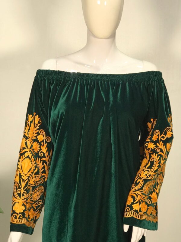 Bottle Green Off Shoulder Blouse with Orange Embroidered Sleeves close up
