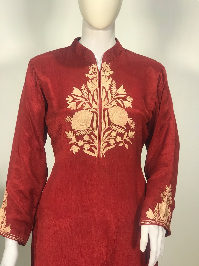 Maroon Beige Aari Boteh Work Suit: Half Half Dupatta Design Band Neck Salwar Suit close up