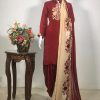 Maroon Beige Aari Boteh Work Suit: Half Half Dupatta Design Band Neck Salwar Suit