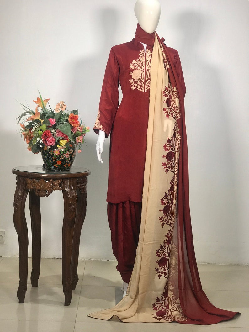 Maroon Beige Aari Boteh Work Suit: Half Half Dupatta Design Band Neck Salwar Suit