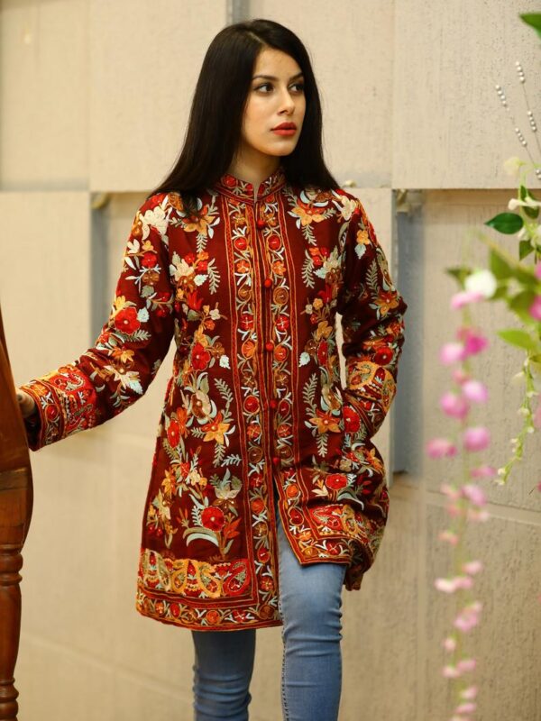 Maroon Floral Embroidered Jacket with Hand Cut Daana Highlighting stylish