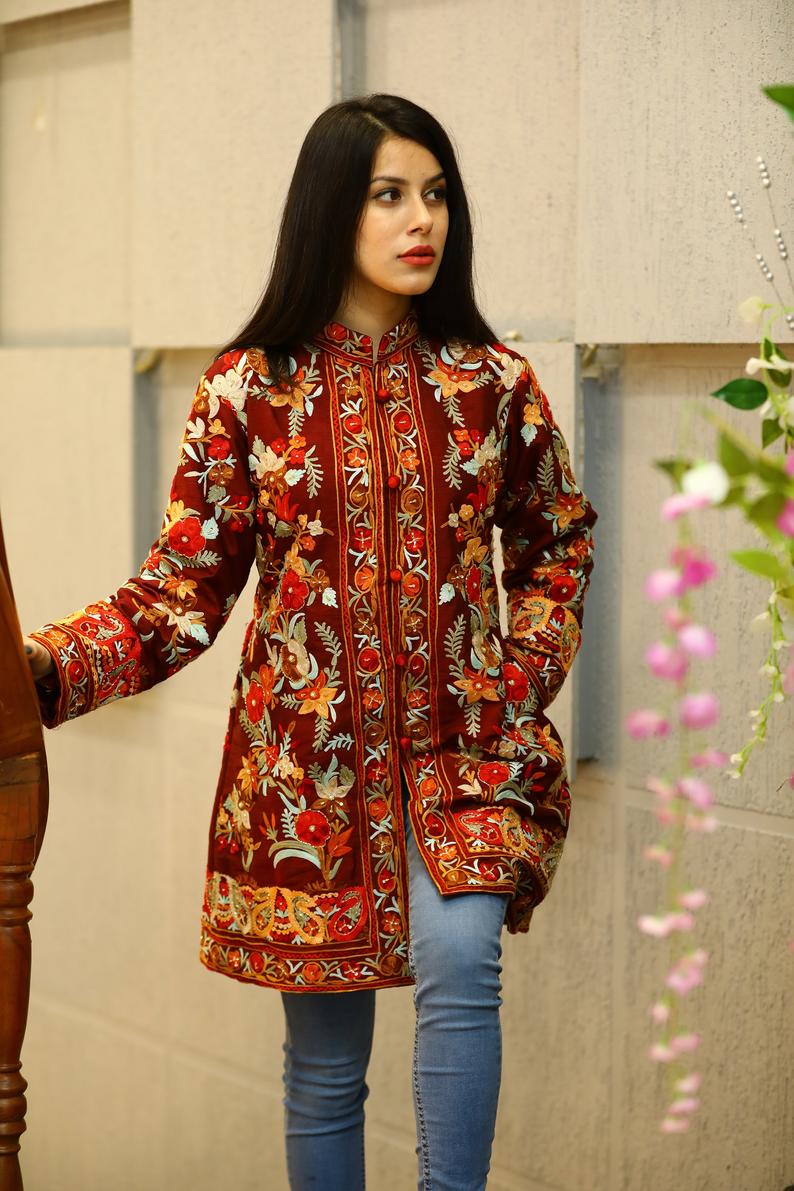 Maroon Floral Embroidered Jacket with Hand Cut Daana Highlighting stylish