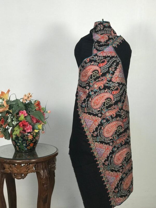 Hand Needle Work Paisley Embroidered Pure Pashmina Shawl: Black