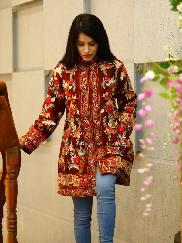Maroon Floral Embroidered Jacket with Hand Cut Daana Highlighting