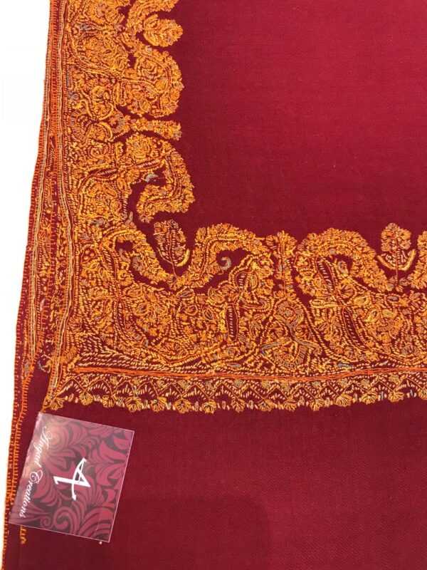 Red Pure Wool Shawl 4 Side Border Sozni Hand Embroidery