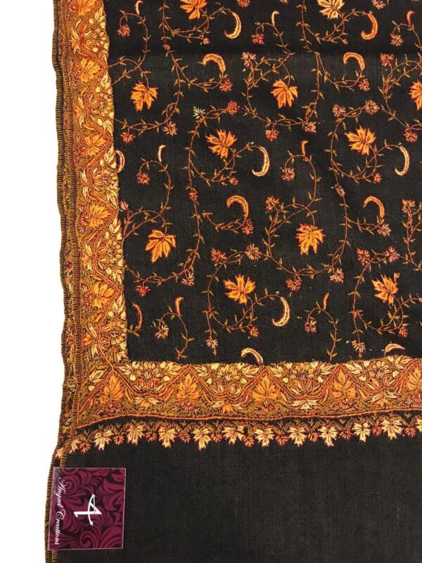 Brown Diamond Weave Pure Wool Shawl with All Over Sozni Hand Embroidery close up