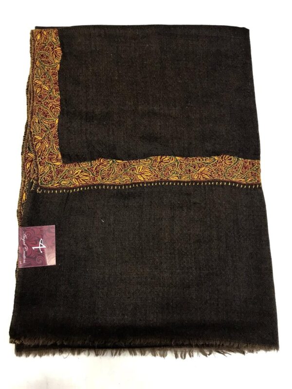 Brown Diamond Weave Sozni Hand Embroidered Pure Wool Shawl