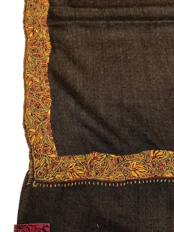 Brown Diamond Weave Sozni Hand Embroidered Pure Wool Shawl close up