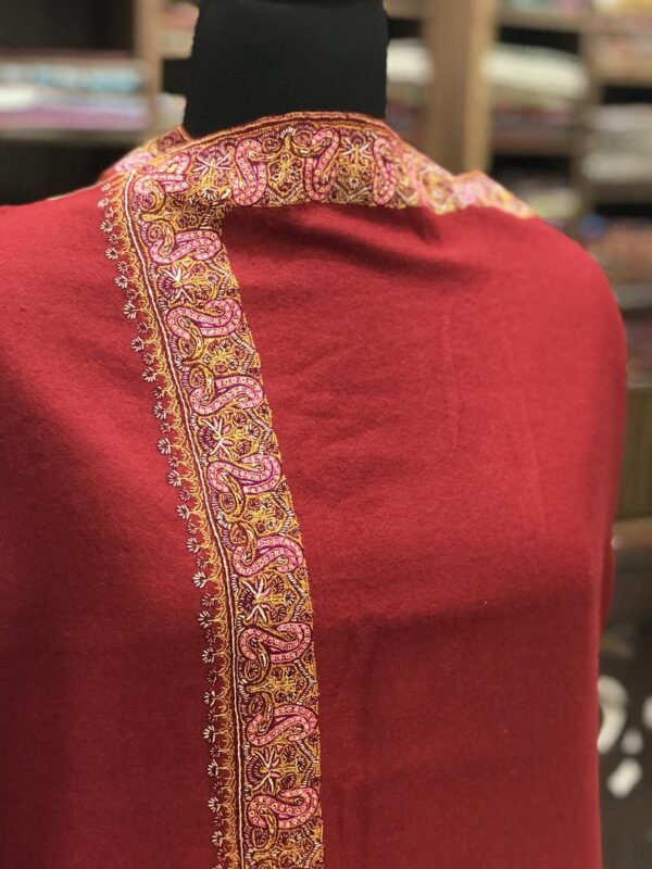 Red Pure Pashmina Shawl with Neem Daur Sozni Hand Embroidery close up