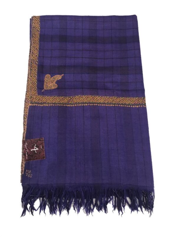 Purple Check Pure Pashmina Shawl with Sozni Hand Embroidery