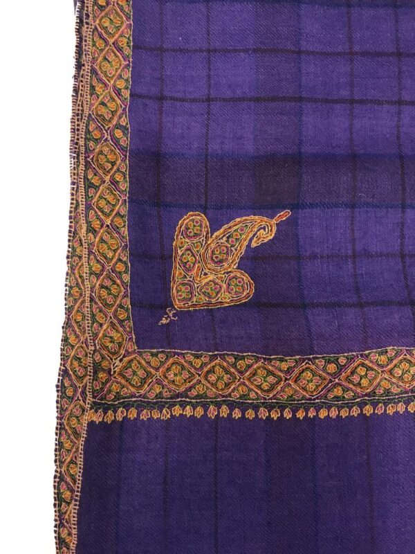 Purple Check Pure Pashmina Shawl with Sozni Hand Embroidery close up