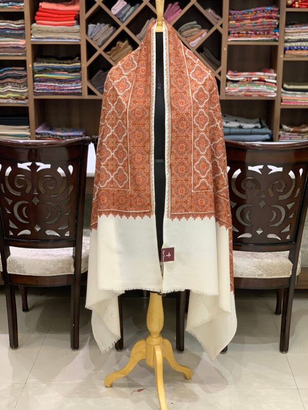 White Pure Wool Shawl with Machine Sozni Jamawar Embroidery