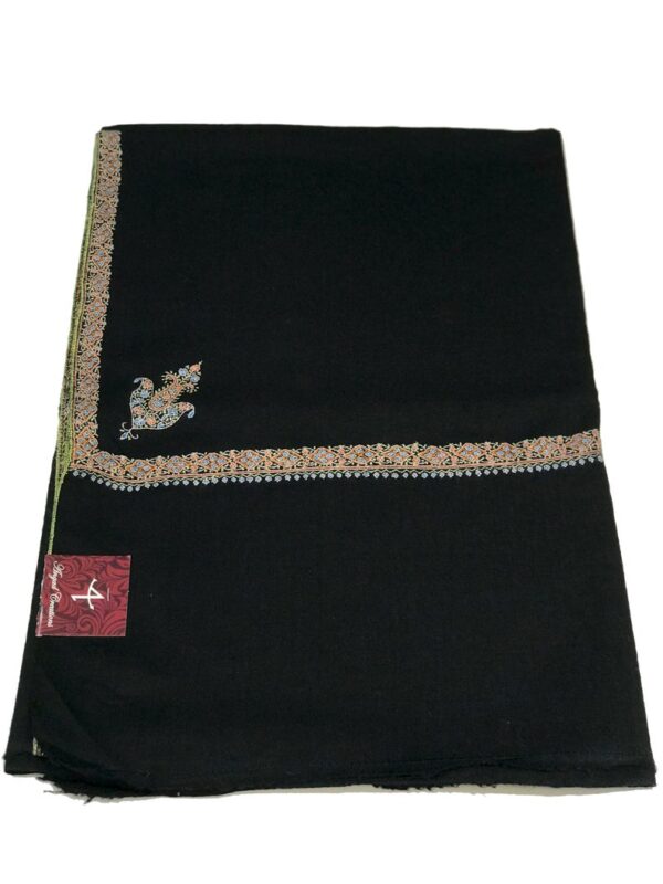 Black Pure Pashmina Shawl with 4 Size Border Sozni Hand Embroidery