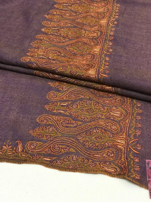 Purple Diamond Weave Pure Wool Shawl with Sozni Hand Embroidery close up