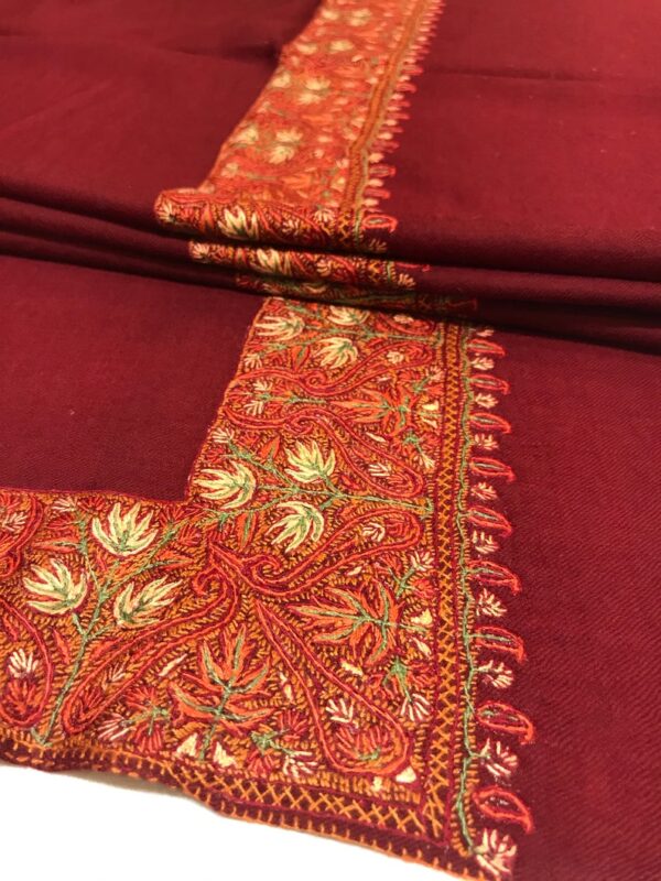 Maple Leaf Design Sozni Hand Embroidered Pure Wool Shawl: Red close up