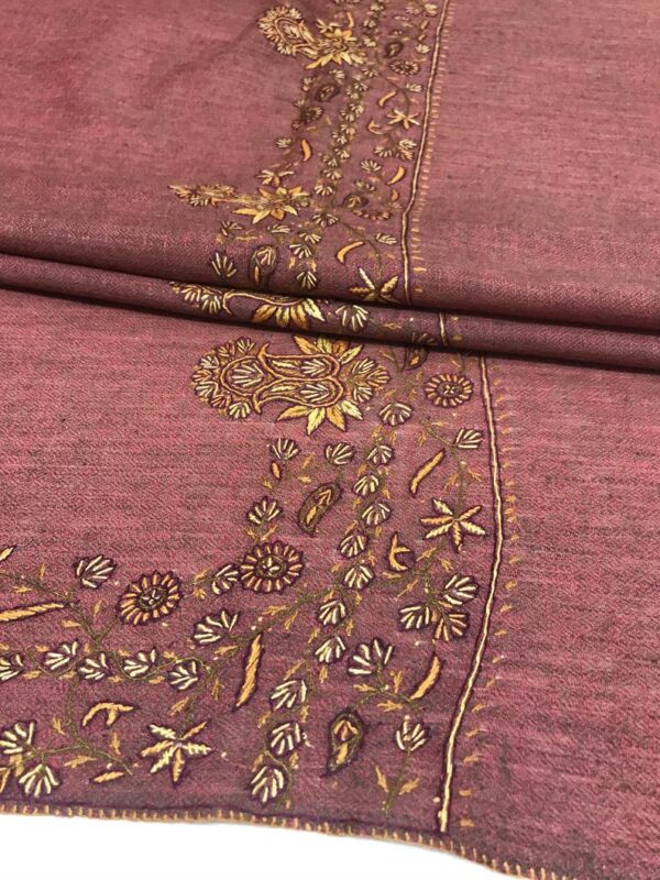 Rust Diamond Weave Pure Wool Shawl with Paisley Sozni Hand Embroidery close up