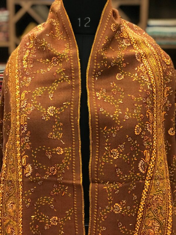 Rust Diamond Weave Pure Wool Shawl with Jaal Sozni Hand Embroidery close up
