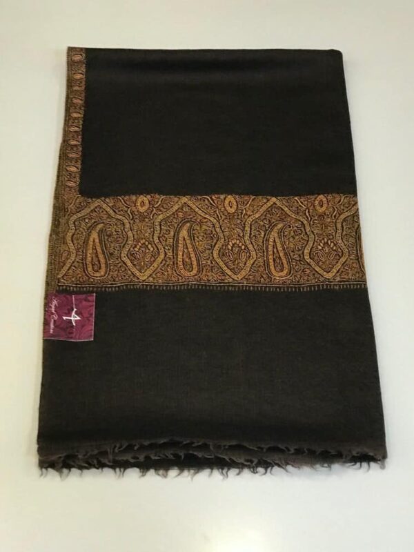 Brown Diamond Weave Pure Wool Shawl with Sozni Hand Embroidery