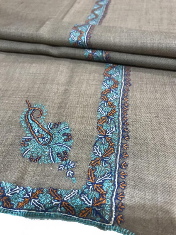 Pure Pashmina Shawl with Blue Sozni Hand Embroidery close up
