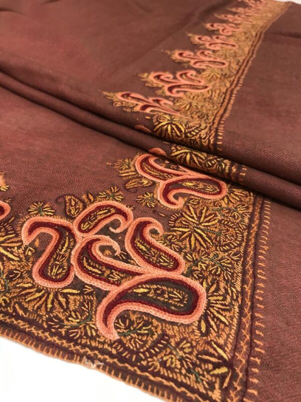 Rust Diamond Weave Pure Wool Shawl with Sozni Aari Fusion Work close up