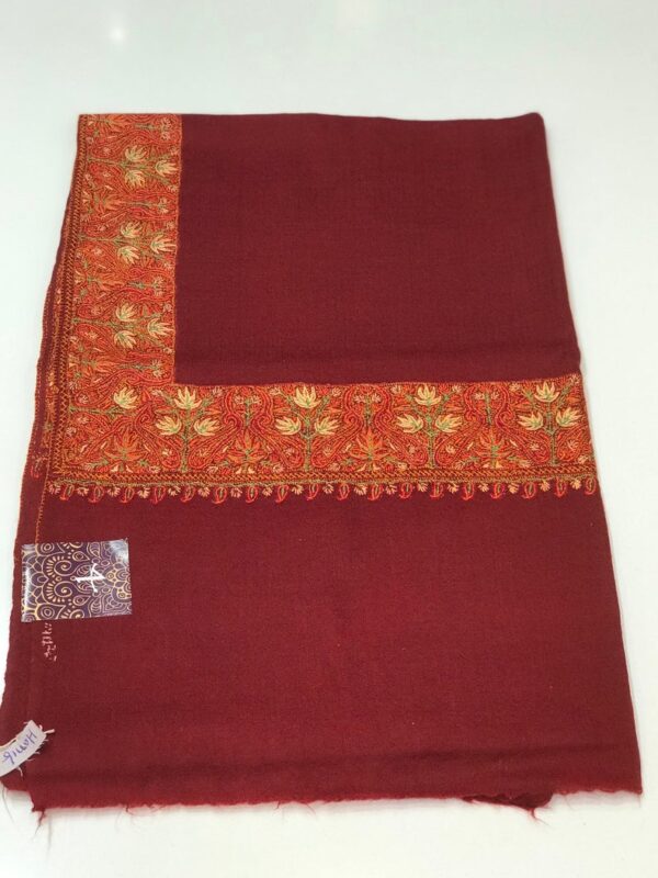 Maple Leaf Design Sozni Hand Embroidered Pure Wool Shawl: Red